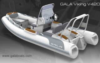 GALA VIKING V420 is 13’9″ long, rated 60HP max. This mid-size luxury aluminum hull RIB is a great choice as a roomy and powerful yacht tender, family boat or boat for watersports. View, default with brown/black deck.