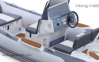 GALA VIKING V420 is 13’9″ long, rated 60HP max. This mid-size luxury aluminum hull RIB is a great choice as a roomy and powerful yacht tender, family boat or boat for watersports. Detail view, default with brown/black deck.