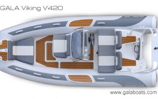 GALA VIKING V420 is 13’9″ long, rated 60HP max. This mid-size luxury aluminum hull RIB is a great choice as a roomy and powerful yacht tender, family boat or boat for watersports. Top view, default with brown/black deck.