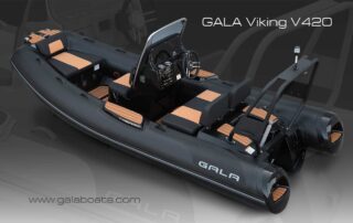 GALA VIKING V420 is 13’9″ long, rated 60HP max. This mid-size luxury aluminum hull RIB is a great choice as a roomy and powerful yacht tender, family boat or boat for watersports. View, black.