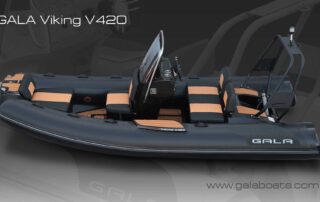 GALA VIKING V420 is 13’9″ long, rated 60HP max. This mid-size luxury aluminum hull RIB is a great choice as a roomy and powerful yacht tender, family boat or boat for watersports. Side view, in black.